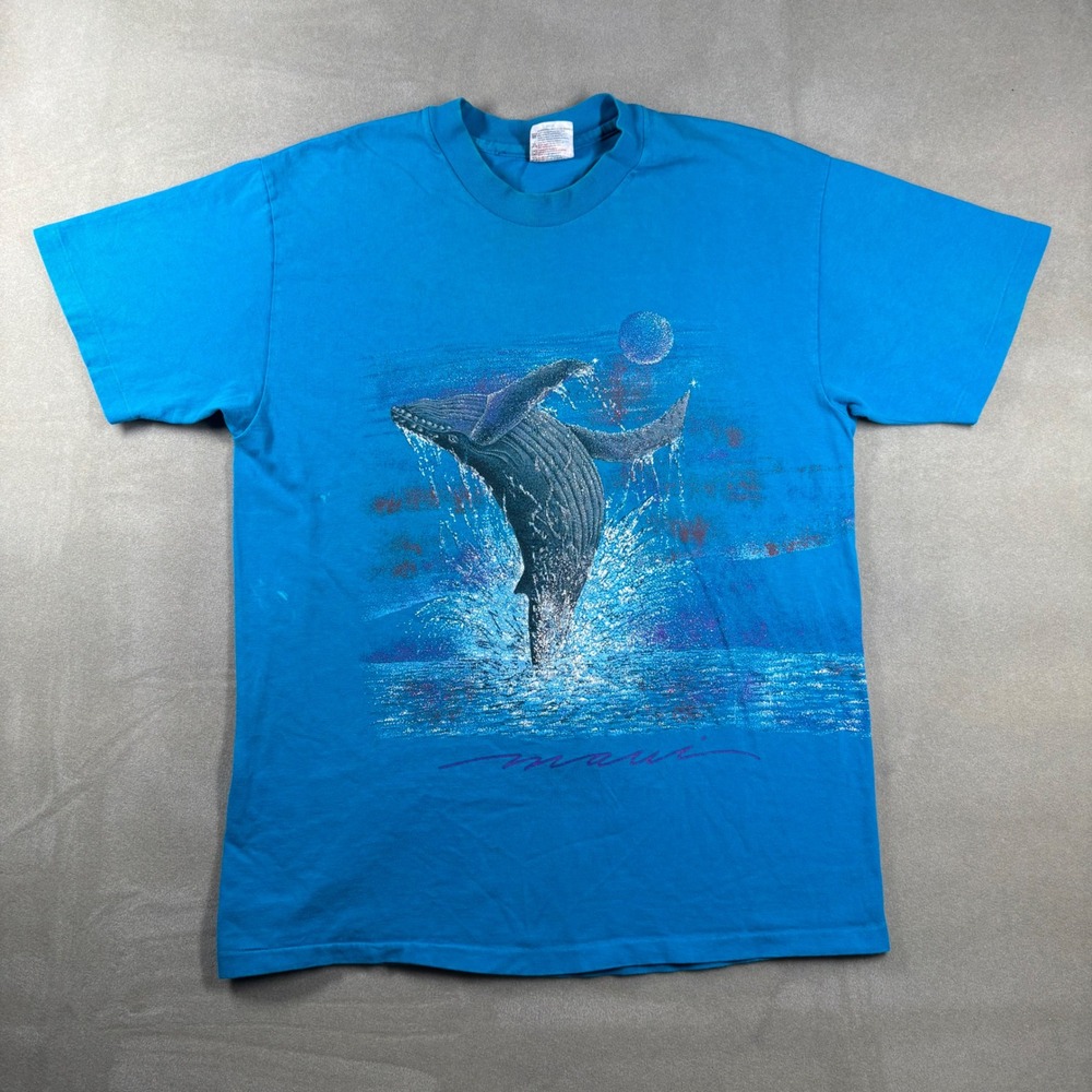Vintage 90s Maui Whale T Shirt Hanes Heavyweight Blue Single Stitch Mens L USA